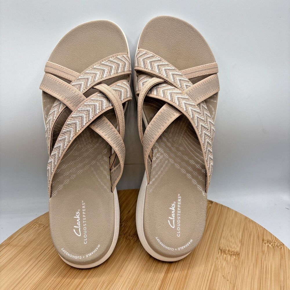 Clarks CloudSteppers Mira Isle Sand Textile Women's Sandals Size 10 Slide